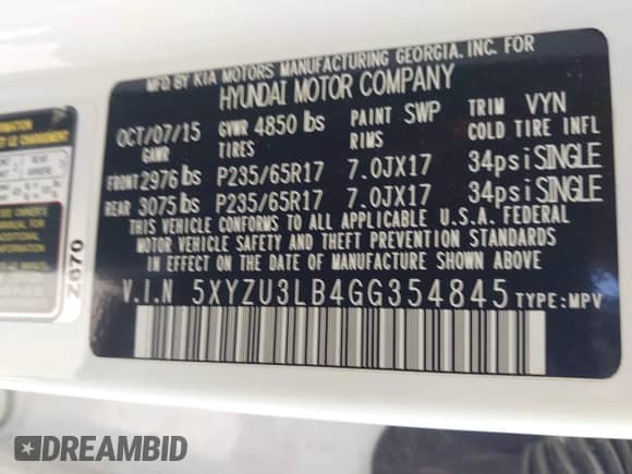 2016 Hyundai Santa Fe with VIN 5XYZU3LB4GG354845, listed as a IAAI auction lot 42512244 with 85,581 mi miles and . Bid and sale history available at DreamBid. Image 9.