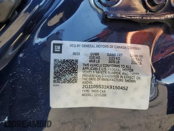 2019 Chevrolet Impala Premier with VIN 2G1105S31K9150452, listed as a Copart auction lot 81713595 with 53,980 mi miles and Salvage title. Bid and sale history available at DreamBid. Image 12.