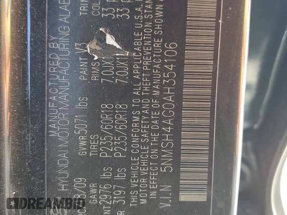 2010 Hyundai Santa Fe SE with VIN 5NMSH4AG0AH354106, listed as a Copart auction lot 82251835 with 152,374 mi miles and Clean title. Bid and sale history available at DreamBid. Image 13.