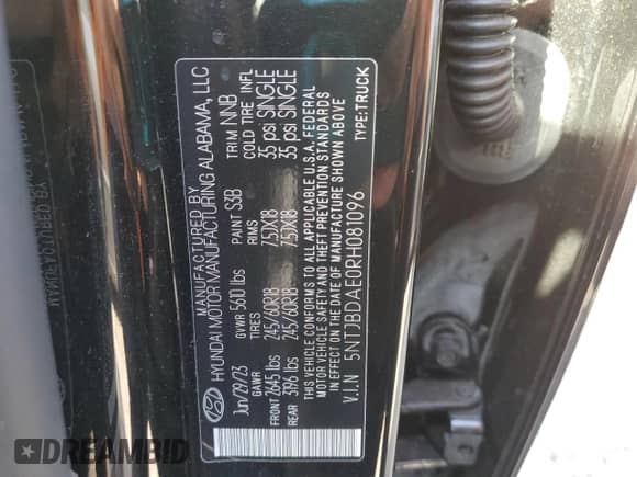 2024 Hyundai Santa Cruz SEL с VIN 5NTJBDAE0RH081096, выставлен на аукционе Copart как лот 75926144 с пробегом 9 702 миль миль и Списание • Salvage title. История ставок и продаж доступна на DreamBid. Изображение 12.