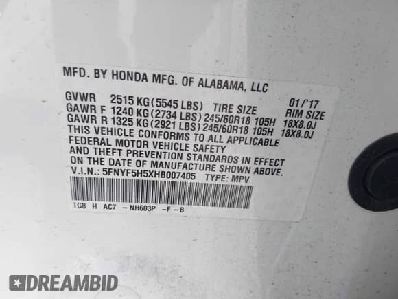 2017 Honda Pilot EX-L with VIN 5FNYF5H5XHB007405, listed as a IAAI auction lot 43405808 with 94,970 mi miles and . Bid and sale history available at DreamBid. Image 9.