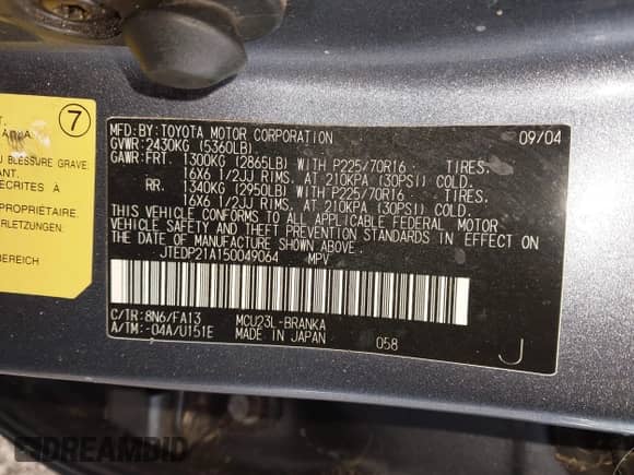 2005 Toyota Highlander with VIN JTEDP21A150049064, listed as a IAAI auction lot 41350231 with 94,778 mi miles and . Bid and sale history available at DreamBid. Image 9.