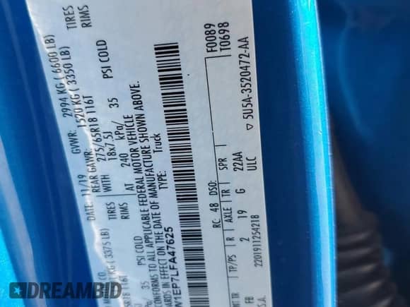 2020 Ford F-150 XLT z VIN 1FTEW1EP7LFA47625, wystawiony jako Copart lot #70873115 z przebiegiem Nie podano mil oraz Szkoda całkowita • Salvage title. Historia ofert i sprzedaży dostępna na DreamBid. Obrazek 12.