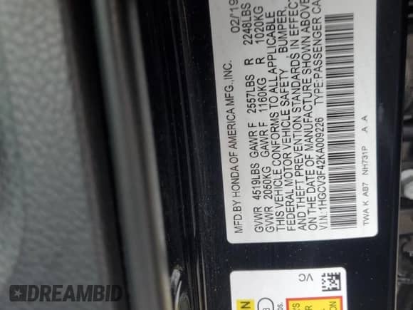 2019 Honda Accord EX с VIN 1HGCV3F42KA009226, выставлен на аукционе Copart как лот 81184345 с пробегом 59 711 миль миль и Списание • Salvage title. История ставок и продаж доступна на DreamBid. Изображение 12.