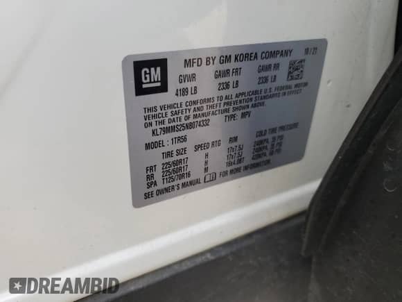 2022 Chevrolet TrailBlazer LS z VIN KL79MMS25NB074332, wystawiony jako Copart lot #87424575 z przebiegiem 43 732 mil mil oraz Szkoda całkowita • Salvage title. Historia ofert i sprzedaży dostępna na DreamBid. Obrazek 13.