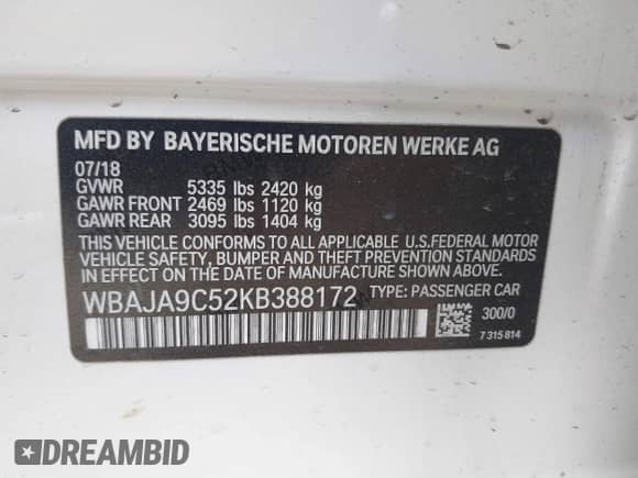 2019 BMW 5 Series 530e с VIN WBAJA9C52KB388172, выставлен на аукционе IAAI как лот 42518505 с пробегом Не указан миль и . История ставок и продаж доступна на DreamBid. Изображение 9.