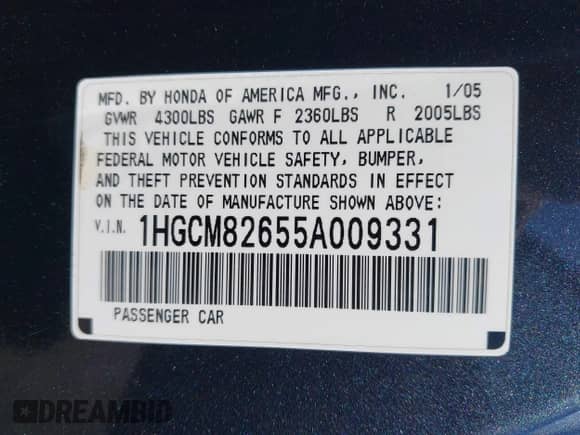 2005 Honda Accord EX-L with VIN 1HGCM82655A009331, listed as a IAAI auction lot 43366198 with 183,236 mi miles and . Bid and sale history available at DreamBid. Image 9.