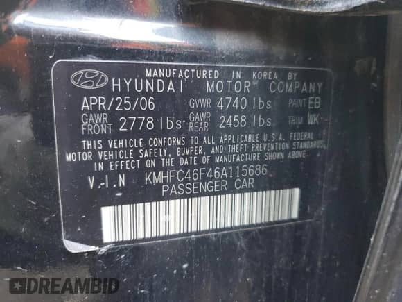 2006 Hyundai Azera SE с VIN KMHFC46F46A115686, выставлен на аукционе Copart как лот 46277665 с пробегом Не указан миль и Списание • Salvage title. История ставок и продаж доступна на DreamBid. Изображение 12.