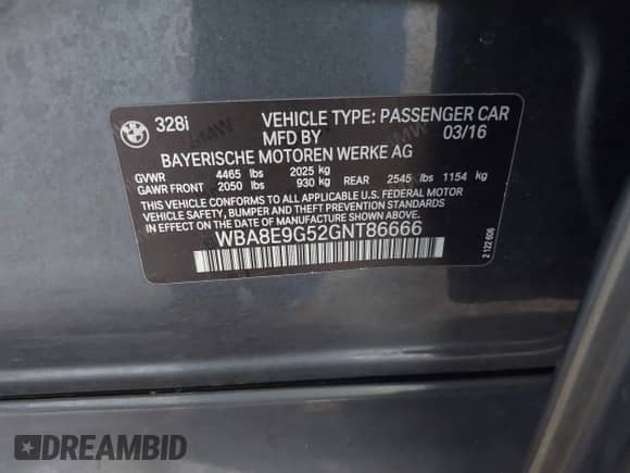 2016 BMW 3 Series 328i with VIN WBA8E9G52GNT86666, listed as a IAAI auction lot 43409621 with 108,263 mi miles and . Bid and sale history available at DreamBid. Image 9.