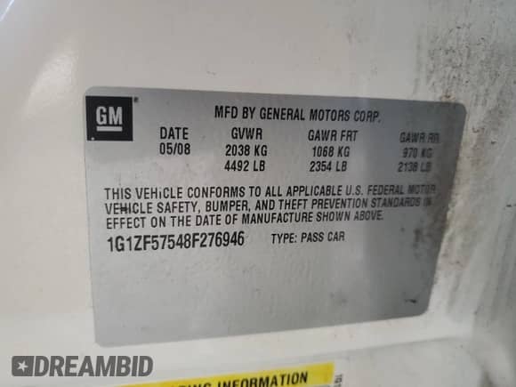 2008 Chevrolet Malibu Hybrid с VIN 1G1ZF57548F276946, выставлен на аукционе Copart как лот 65285295 с пробегом Не указан миль и Списание • Salvage title. История ставок и продаж доступна на DreamBid. Изображение 12.