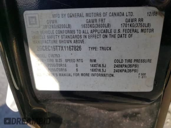1999 Chevrolet Silverado 1500 LS z VIN 2GCEC19T7X1167826, wystawiony jako Copart lot #66620245 z przebiegiem 235 905 mil mil oraz Szkoda całkowita • Salvage title. Historia ofert i sprzedaży dostępna na DreamBid. Obrazek 12.