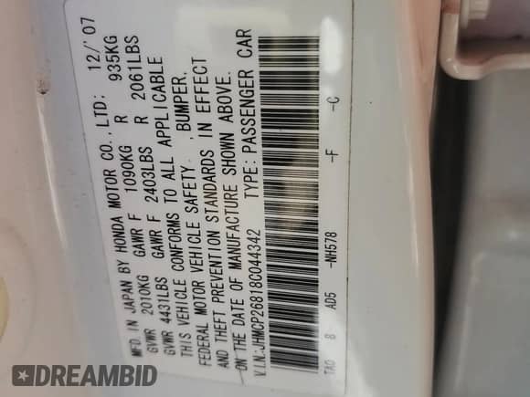 2008 Honda Accord EX-L с VIN JHMCP26818C044342, выставлен на аукционе Copart как лот 81510655 с пробегом 150 595 миль миль и Списание • Salvage title. История ставок и продаж доступна на DreamBid. Изображение 12.