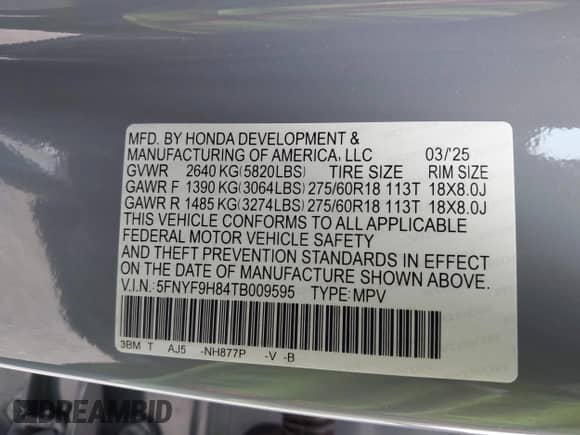 2026 Honda Passport TrailSport Elite с VIN 5FNYF9H84TB009595, выставлен на аукционе IAAI как лот 42976633 с пробегом Не указан миль и . История ставок и продаж доступна на DreamBid. Изображение 9.
