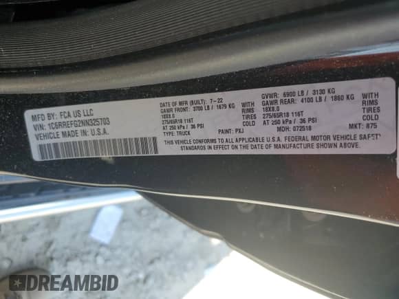 2022 Ram 1500 Big Horn с VIN 1C6RREFG2NN325703, выставлен на аукционе Copart как лот 70269345 с пробегом Не указан миль и Списание • Salvage title. История ставок и продаж доступна на DreamBid. Изображение 12.