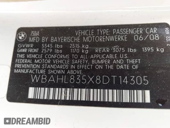 2008 BMW 7 Series 750i with VIN WBAHL835X8DT14305, listed as a IAAI auction lot 42274934 with 96,366 mi miles and . Bid and sale history available at DreamBid. Image 9.