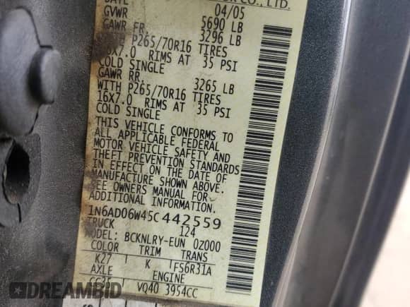 2005 Nissan Frontier SE z VIN 1N6AD06W45C442559, wystawiony jako Copart lot #53615895 z przebiegiem 136 822 mil mil oraz Czysty tytuł • Clean title. Historia ofert i sprzedaży dostępna na DreamBid. Obrazek 12.