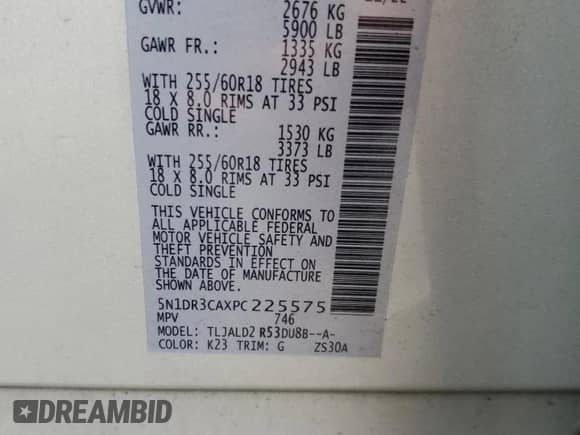 2023 Nissan Pathfinder SL с VIN 5N1DR3CAXPC225575, выставлен на аукционе Copart как лот 69644785 с пробегом 46 699 миль миль и Списание • Salvage title. История ставок и продаж доступна на DreamBid. Изображение 13.