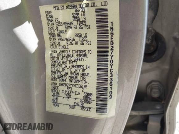 2000 Nissan Frontier XE with VIN 1N6ED27Y0YC336109, listed as a IAAI auction lot 42834945 with 224,486 mi miles and . Bid and sale history available at DreamBid. Image 9.