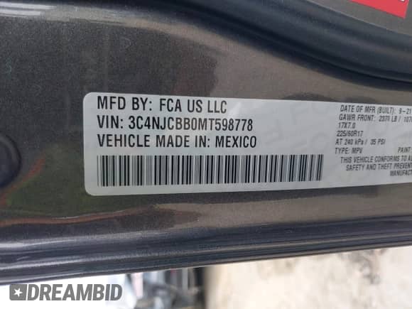 2021 Jeep Compass Altitude with VIN 3C4NJCBB0MT598778, listed as a IAAI auction lot 42416749 with 90,314 mi miles and . Bid and sale history available at DreamBid. Image 9.