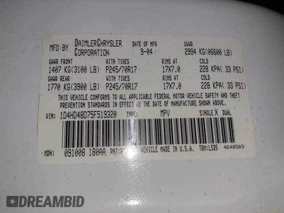 2005 Dodge Durango SLT with VIN 1D4HD48D75F519320, listed as a IAAI auction lot 42380006 with 84,625 mi miles and . Bid and sale history available at DreamBid. Image 9.