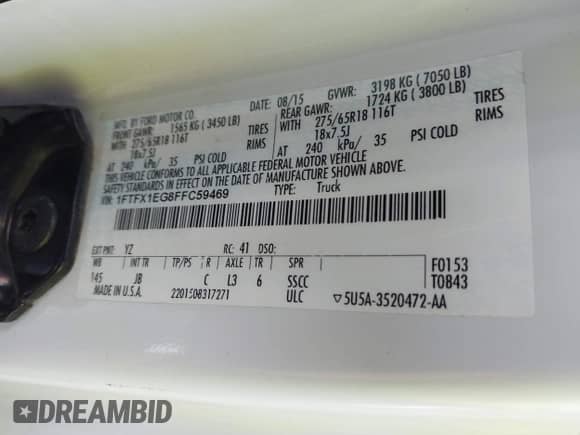 2015 Ford F-150 XLT z VIN 1FTFX1EG8FFC59469, wystawiony jako IAAI lot #41885182 z przebiegiem 93 147 mil mil oraz . Historia ofert i sprzedaży dostępna na DreamBid. Obrazek 9.