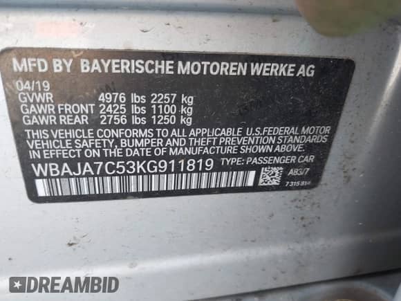 2019 BMW 5 Series 530i xDrive with VIN WBAJA7C53KG911819, listed as a IAAI auction lot 41995891 with 133,729 mi miles and . Bid and sale history available at DreamBid. Image 9.
