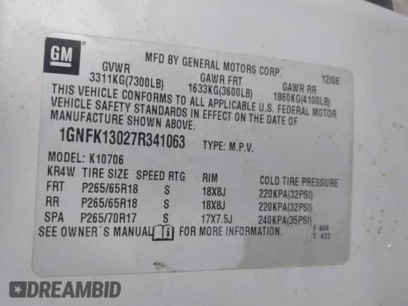 2007 Chevrolet Tahoe LTZ with VIN 1GNFK13027R341063, listed as a IAAI auction lot 43143783 with 273,637 mi miles and . Bid and sale history available at DreamBid. Image 9.