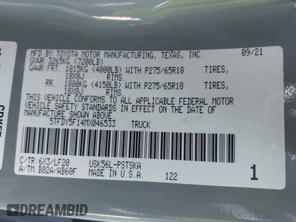 2021 Toyota Tundra SR5 with VIN 5TFDY5F14MX046533, listed as a IAAI auction lot 41663194 with 55,758 mi miles and . Bid and sale history available at DreamBid. Image 9.