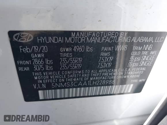 2020 Hyundai Santa Fe SEL with VIN 5NMS3CAA1LH228988, listed as a IAAI auction lot 42683159 with 54,539 mi miles and . Bid and sale history available at DreamBid. Image 9.