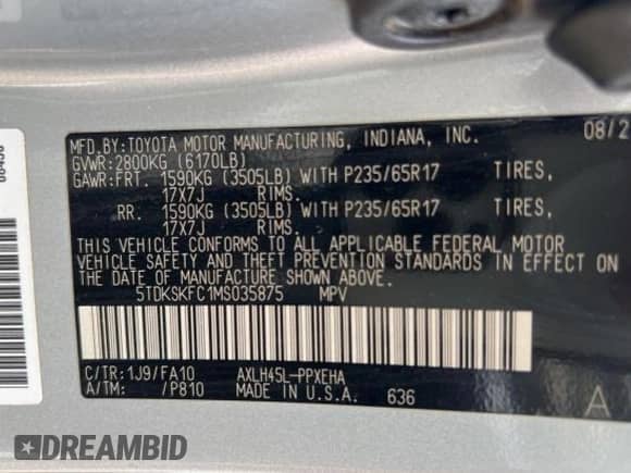 2021 Toyota Sienna LE with VIN 5TDKSKFC1MS035875, listed as a Copart auction lot 71104325 with 241,391 mi miles and Clean title. Bid and sale history available at DreamBid. Image 10.