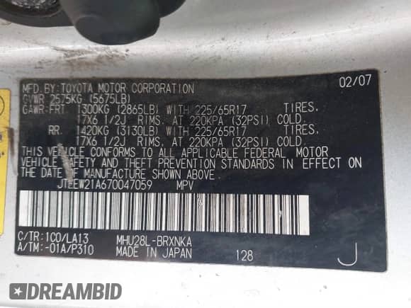 2007 Toyota Highlander Limited z VIN JTEEW21A670047059, wystawiony jako IAAI lot #41549709 z przebiegiem Nie podano mil oraz . Historia ofert i sprzedaży dostępna na DreamBid. Obrazek 9.