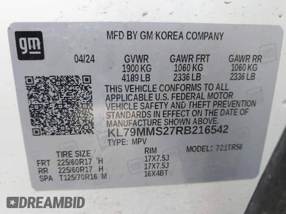 2024 Chevrolet TrailBlazer LS with VIN KL79MMS27RB216542, listed as a IAAI auction lot 42150379 with 26,844 mi miles and . Bid and sale history available at DreamBid. Image 9.