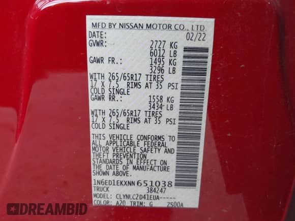 2022 Nissan Frontier SV with VIN 1N6ED1EKXNN651038, listed as a IAAI auction lot 42846151 with 51,602 mi miles and . Bid and sale history available at DreamBid. Image 9.
