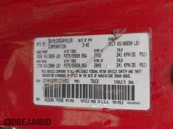 2002 Dodge 1500 with VIN 1D7HA18Z82J210969, listed as a IAAI auction lot 42196191 with 191,991 mi miles and . Bid and sale history available at DreamBid. Image 9.
