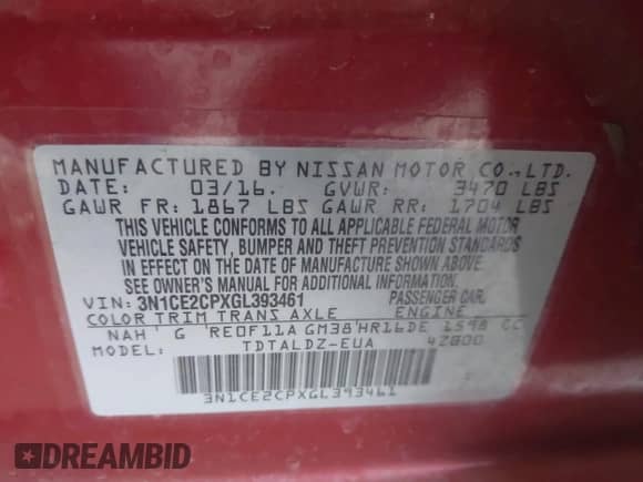 2016 Nissan Note S Plus z VIN 3N1CE2CPXGL393461, wystawiony jako IAAI lot #42639086 z przebiegiem 116 770 mil mil oraz . Historia ofert i sprzedaży dostępna na DreamBid. Obrazek 9.