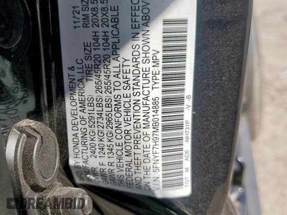 2021 Honda Passport Touring with VIN 5FNYF7H97MB014885, listed as a Copart auction lot 70517635 with 40,710 mi miles and Salvage title. Bid and sale history available at DreamBid. Image 13.