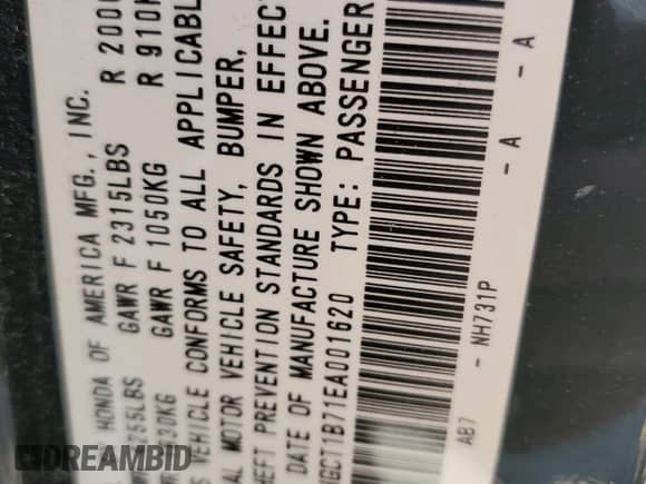 2014 Honda Accord EX z VIN 1HGCT1B71EA001620, wystawiony jako Copart lot #64289885 z przebiegiem Nie podano mil oraz Szkoda całkowita • Salvage title. Historia ofert i sprzedaży dostępna na DreamBid. Obrazek 13.