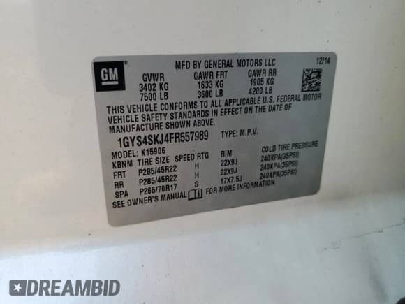 2015 Cadillac Escalade ESV Luxury с VIN 1GYS4SKJ4FR557989, выставлен на аукционе Copart как лот 68481955 с пробегом 141 493 миль миль и Списание • Salvage title. История ставок и продаж доступна на DreamBid. Изображение 13.