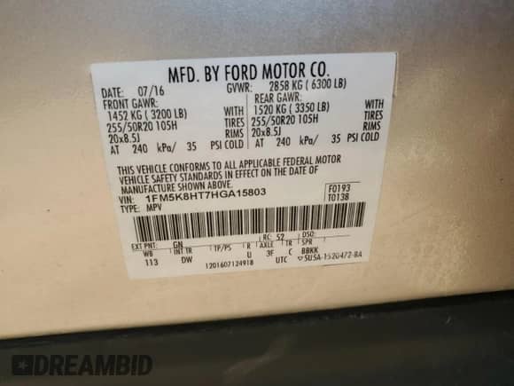 2017 Ford Explorer Platinum с VIN 1FM5K8HT7HGA15803, выставлен на аукционе Copart как лот 82446385 с пробегом 48 330 миль миль и Списание • Salvage title. История ставок и продаж доступна на DreamBid. Изображение 14.