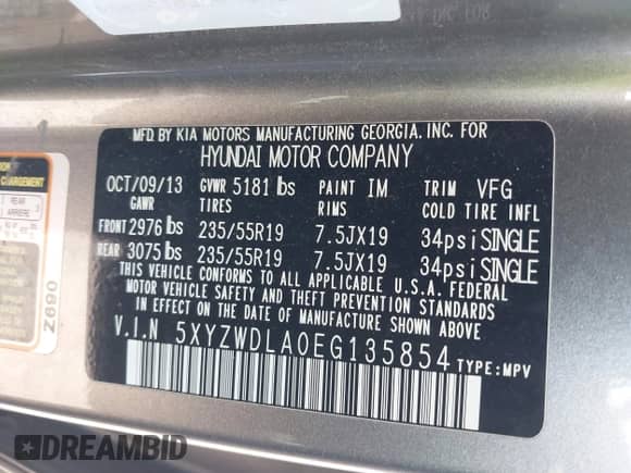 2014 Hyundai Santa Fe with VIN 5XYZWDLA0EG135854, listed as a IAAI auction lot 42995069 with 140,135 mi miles and . Bid and sale history available at DreamBid. Image 9.