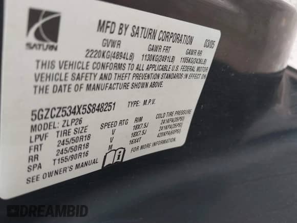 2005 Saturn VUE с VIN 5GZCZ534X5S848251, выставлен на аукционе IAAI как лот 43309612 с пробегом 200 402 миль миль и . История ставок и продаж доступна на DreamBid. Изображение 9.