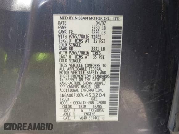 2007 Nissan Frontier SE with VIN 1N6AD07U07C453204, listed as a IAAI auction lot 42454063 with 293,398 mi miles and . Bid and sale history available at DreamBid. Image 9.