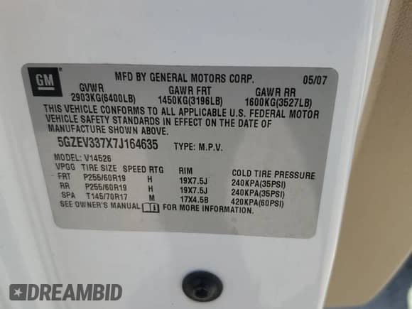 2007 Saturn Outlook XR с VIN 5GZEV337X7J164635, выставлен на аукционе Copart как лот 64227225 с пробегом 152 900 миль миль и Списание • Salvage title. История ставок и продаж доступна на DreamBid. Изображение 13.