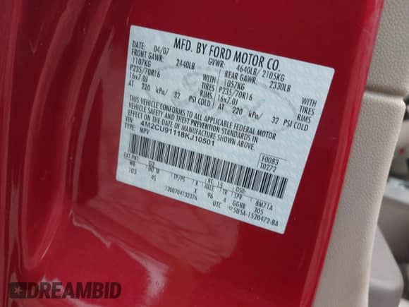 2008 Mercury Mariner with VIN 4M2CU91118KJ10501, listed as a IAAI auction lot 42459842 with Not provided miles and . Bid and sale history available at DreamBid. Image 9.