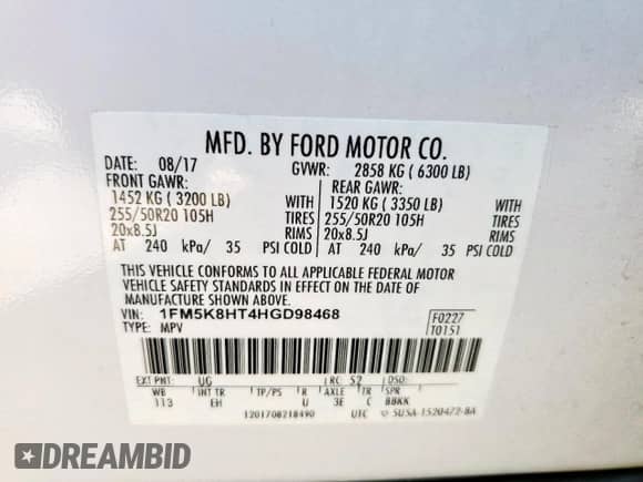 2017 Ford Explorer Platinum с VIN 1FM5K8HT4HGD98468, выставлен на аукционе Copart как лот 69504445 с пробегом Не указан миль и Списание • Salvage title. История ставок и продаж доступна на DreamBid. Изображение 13.