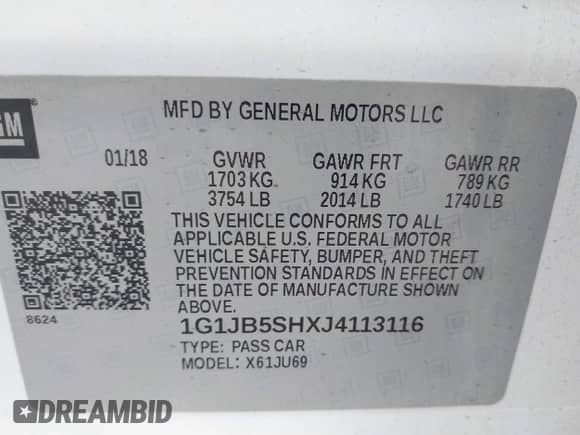 2018 Chevrolet Sonic LS с VIN 1G1JB5SHXJ4113116, выставлен на аукционе IAAI как лот 42450167 с пробегом 87 470 миль миль и . История ставок и продаж доступна на DreamBid. Изображение 9.