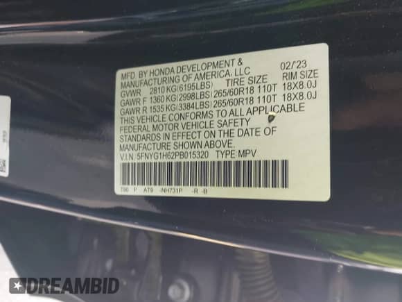 2023 Honda Pilot TrailSport с VIN 5FNYG1H62PB015320, выставлен на аукционе IAAI как лот 42506997 с пробегом 22 249 миль миль и . История ставок и продаж доступна на DreamBid. Изображение 9.