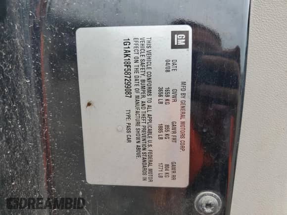 2008 Chevrolet Cobalt LS с VIN 1G1AK18F587299087, выставлен на аукционе Copart как лот 67071415 с пробегом Не указан миль и Списание • Salvage title. История ставок и продаж доступна на DreamBid. Изображение 13.