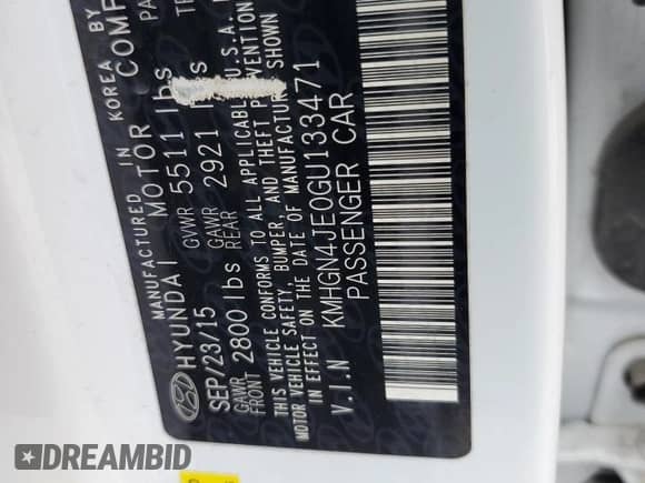 2016 Hyundai Genesis 3.8L с VIN KMHGN4JE0GU133471, выставлен на аукционе Copart как лот 65996895 с пробегом Не указан миль и Списание • Salvage title. История ставок и продаж доступна на DreamBid. Изображение 12.