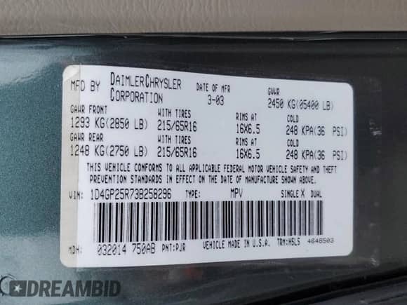 2003 Dodge Caravan SE with VIN 1D4GP25R73B258296, listed as a Copart auction lot 81107885 with 152,618 mi miles and Clean title. Bid and sale history available at DreamBid. Image 13.